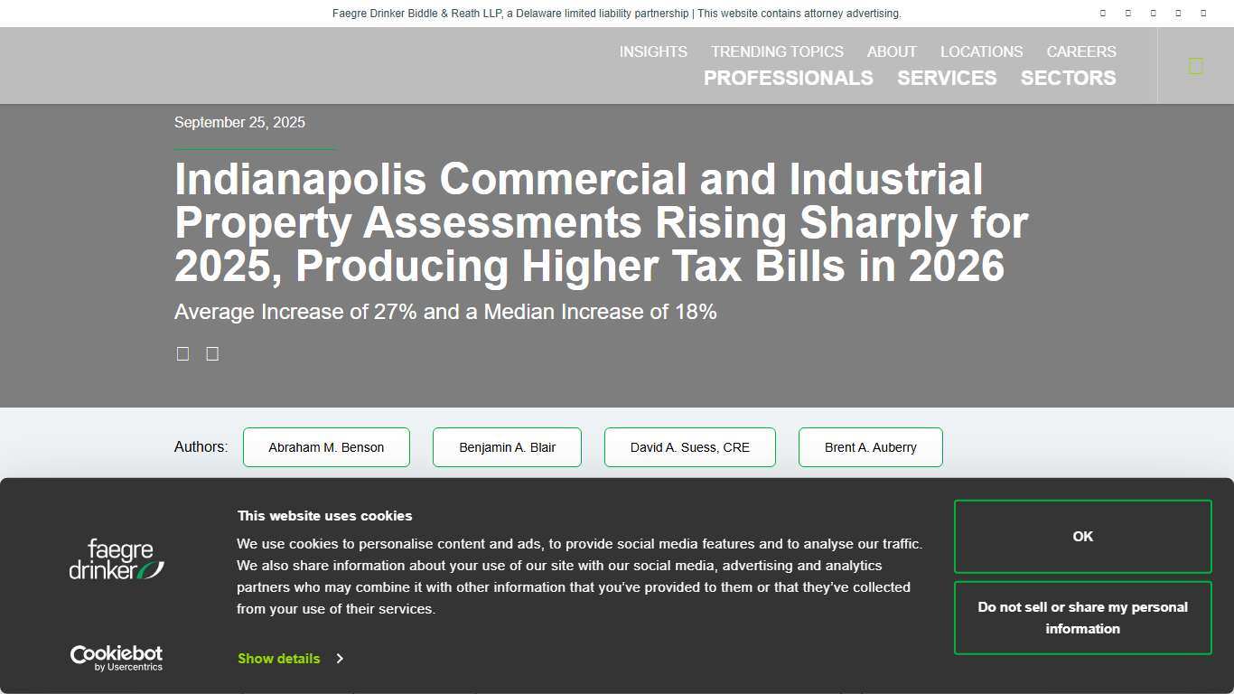 Indianapolis Commercial and Industrial Property Assessments Rising Sharply for 2025, Producing Higher Tax Bills in 2026 | Publications | Insights | Faegre Drinker Biddle & Reath LLP