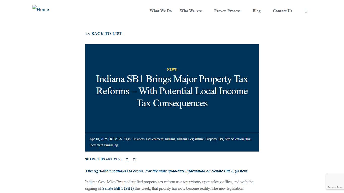 Indiana SB1 Brings Major Property Tax Reforms – With Potential Local Income Tax Consequences - KSMLA